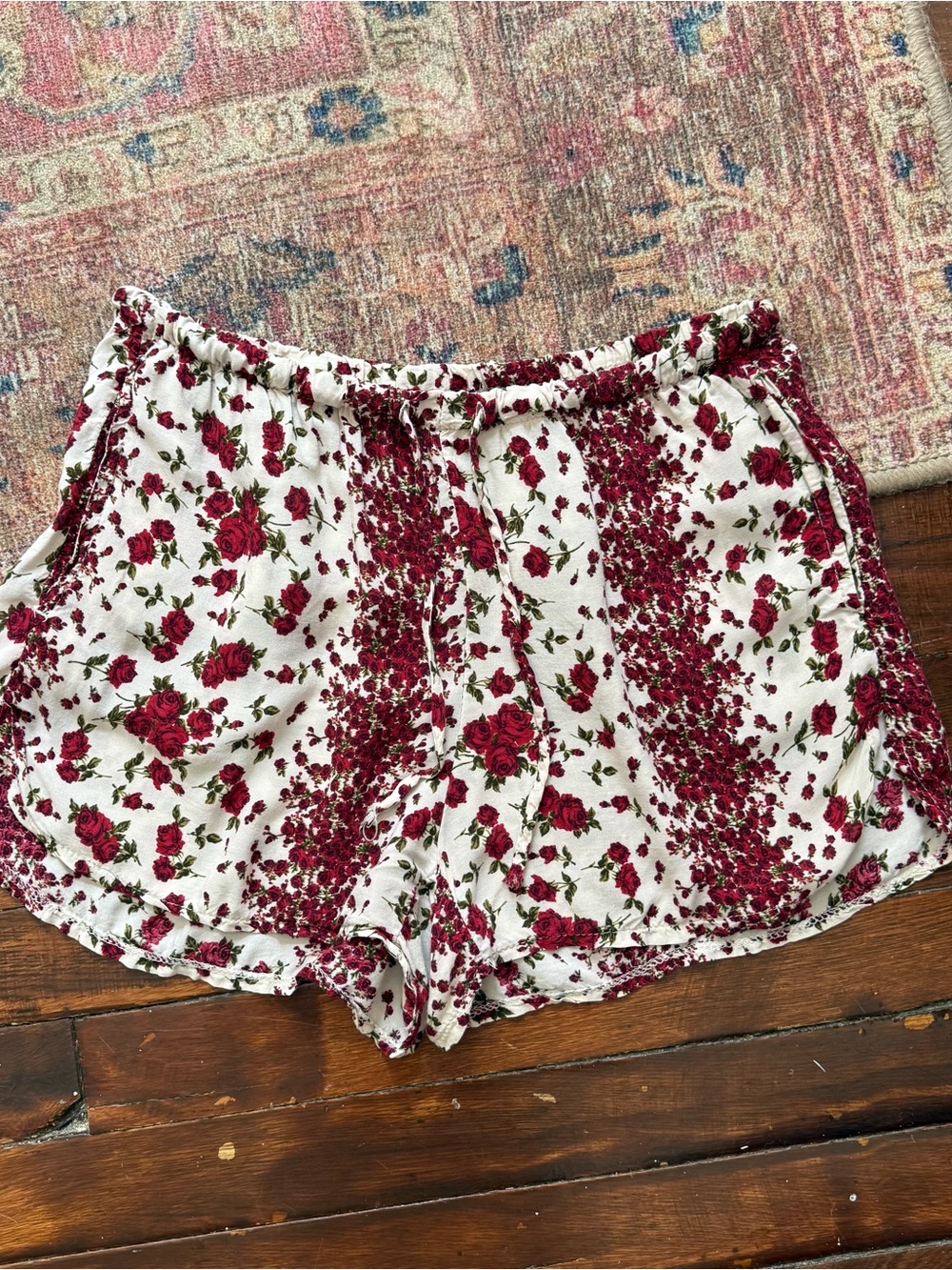 Brandy Melville Cream Shorts with Red Floral Print